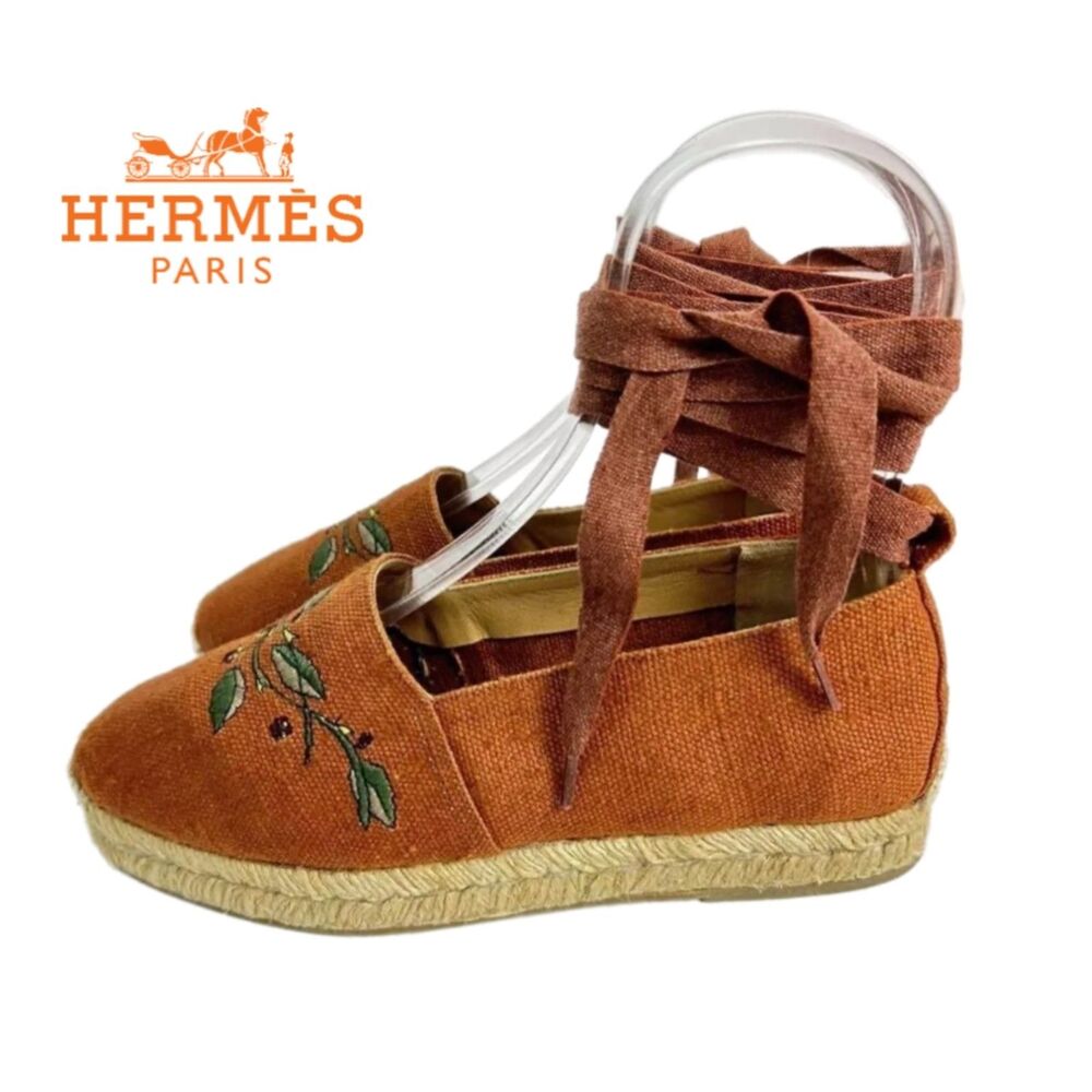 Hermès Orange Embroidered Canvas Lace-Up Espadrille Flats Size EU 37 / US 6.5